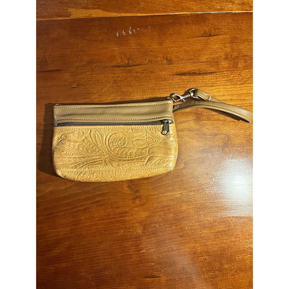 Sky Path Design Handmade Womens Beige Embossed Floral Wristlet, Zip, Suede Lined
